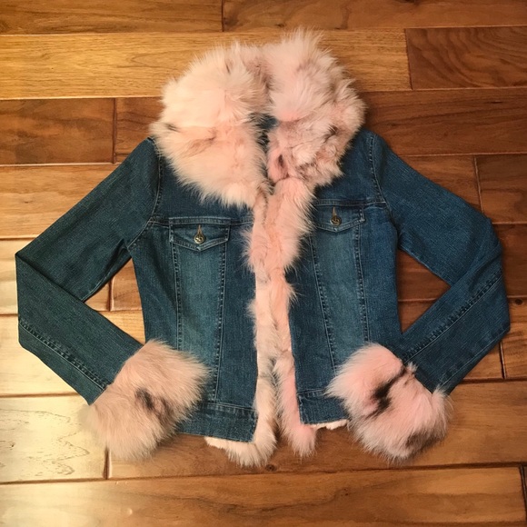 Sheri Bodell Jackets & Blazers - Sheri Bodell Pink Fox Fur Trim Denim Jacket